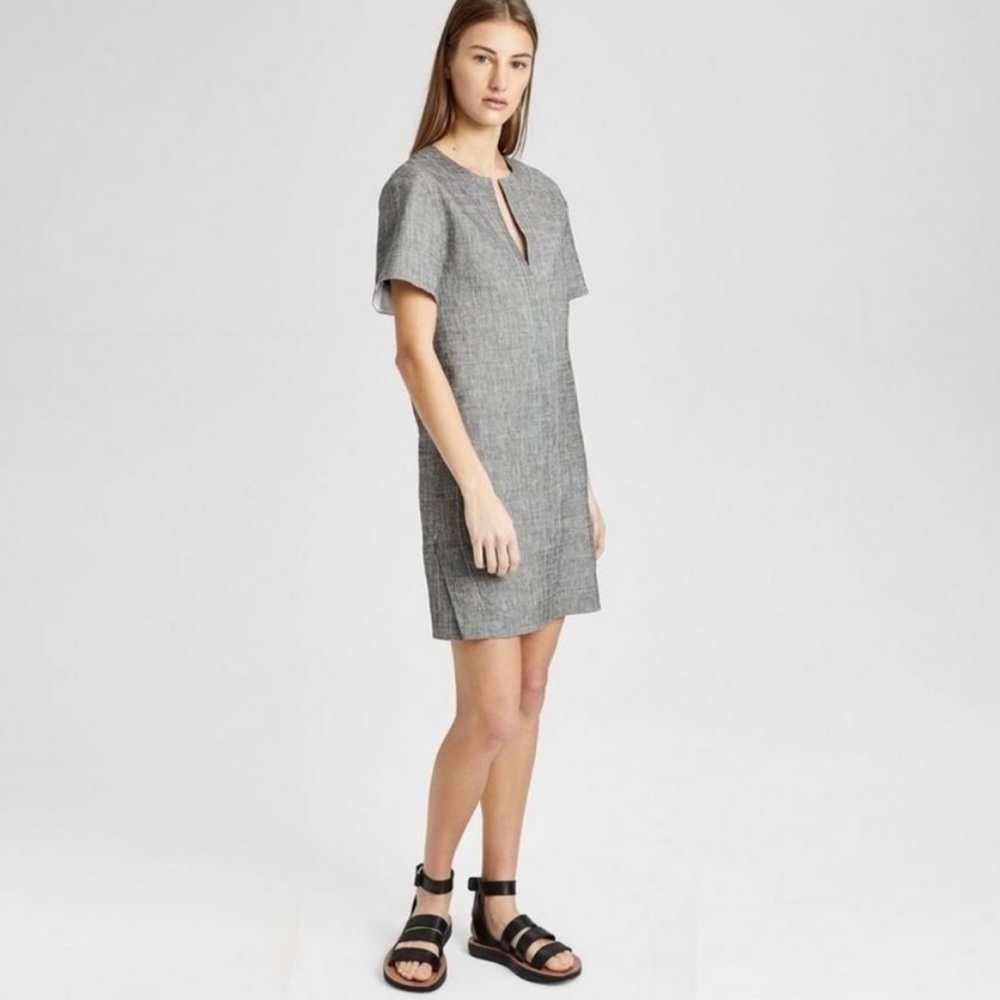 Theory Sharkskin Crunch Linen Gray Shift Dress Short Sleeve